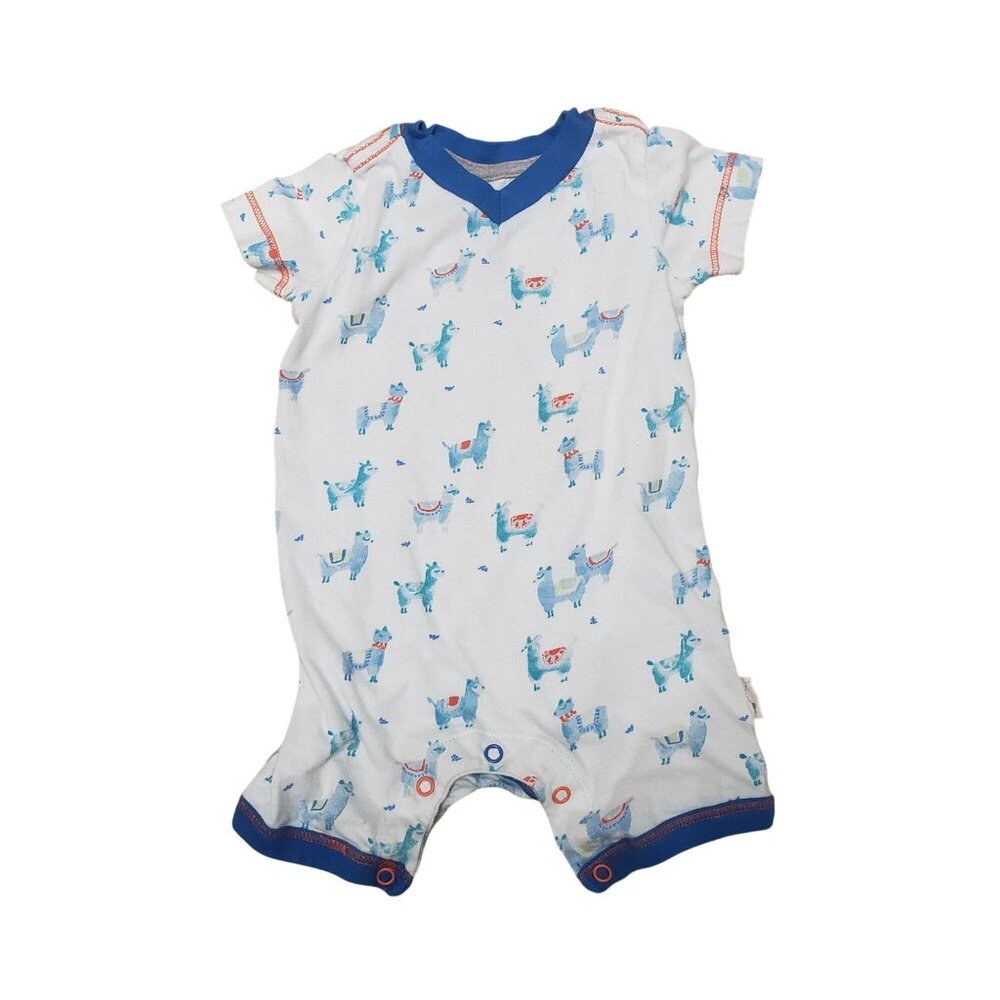 Burts Bees Baby Llama Print Romper 0-3M Short Sleeve Organic Cotton White & Blue
